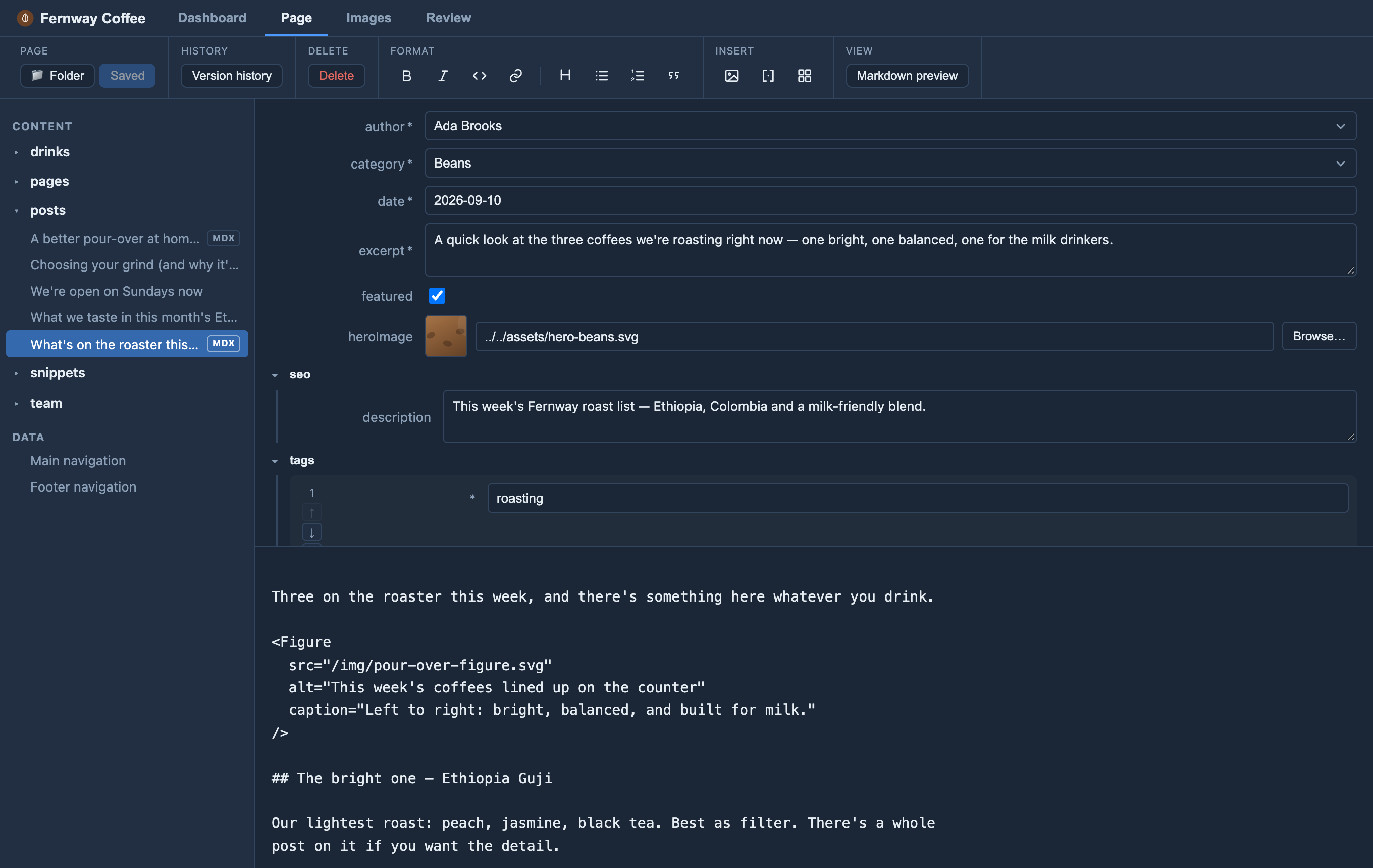 A content document open in Orbit MD as a typed form with a Markdown body below