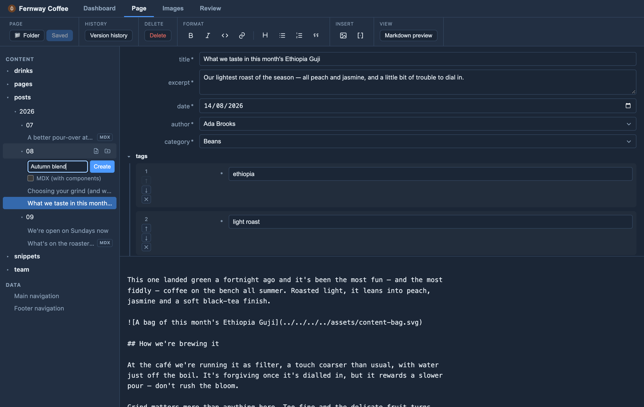 Orbit MD's sidebar showing a posts section as a folder tree (2026, then 07, 08 and 09). The 08 folder shows its new page and new folder icons, with the new-page box open below it: the name Autumn blend typed and an MDX tick box