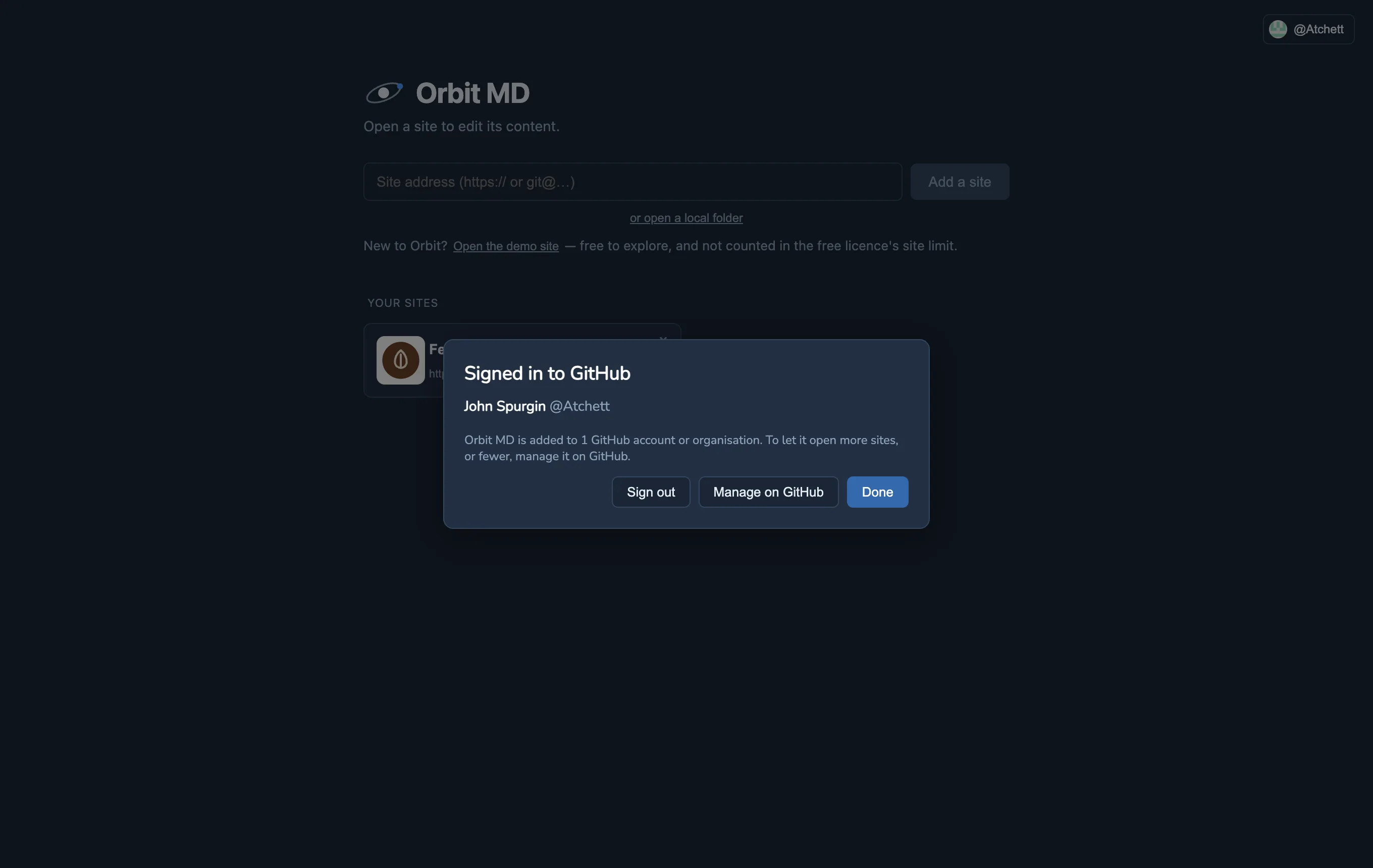 Orbit MD's start screen with the GitHub account window open: Signed in to GitHub, John Spurgin @Atchett, Orbit MD is added to 1 GitHub account or organisation, and Sign out, Manage on GitHub and Done buttons. The account's picture and username show at the top right.