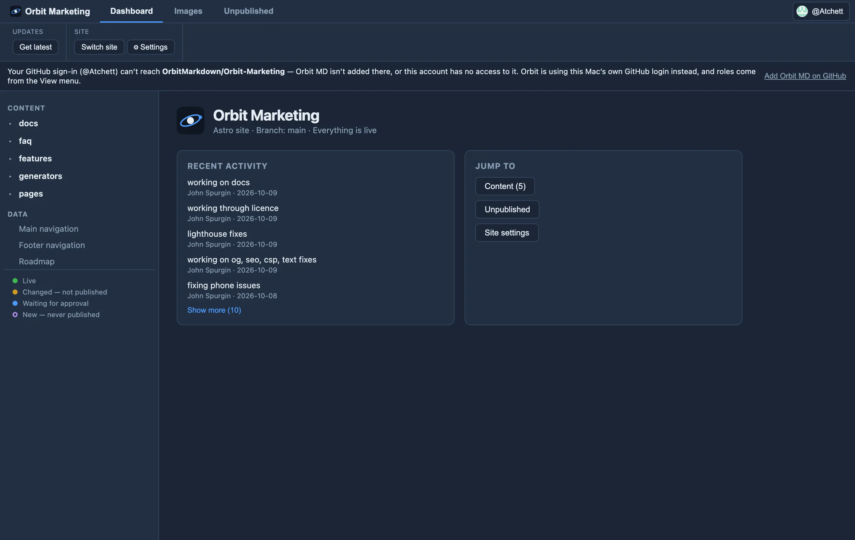 A site's Dashboard in Orbit MD with a banner: Your GitHub sign-in (@Atchett) can't reach OrbitMarkdown/Orbit-Marketing — Orbit MD isn't added there, or this account has no access to it — and an Add Orbit MD on GitHub link.