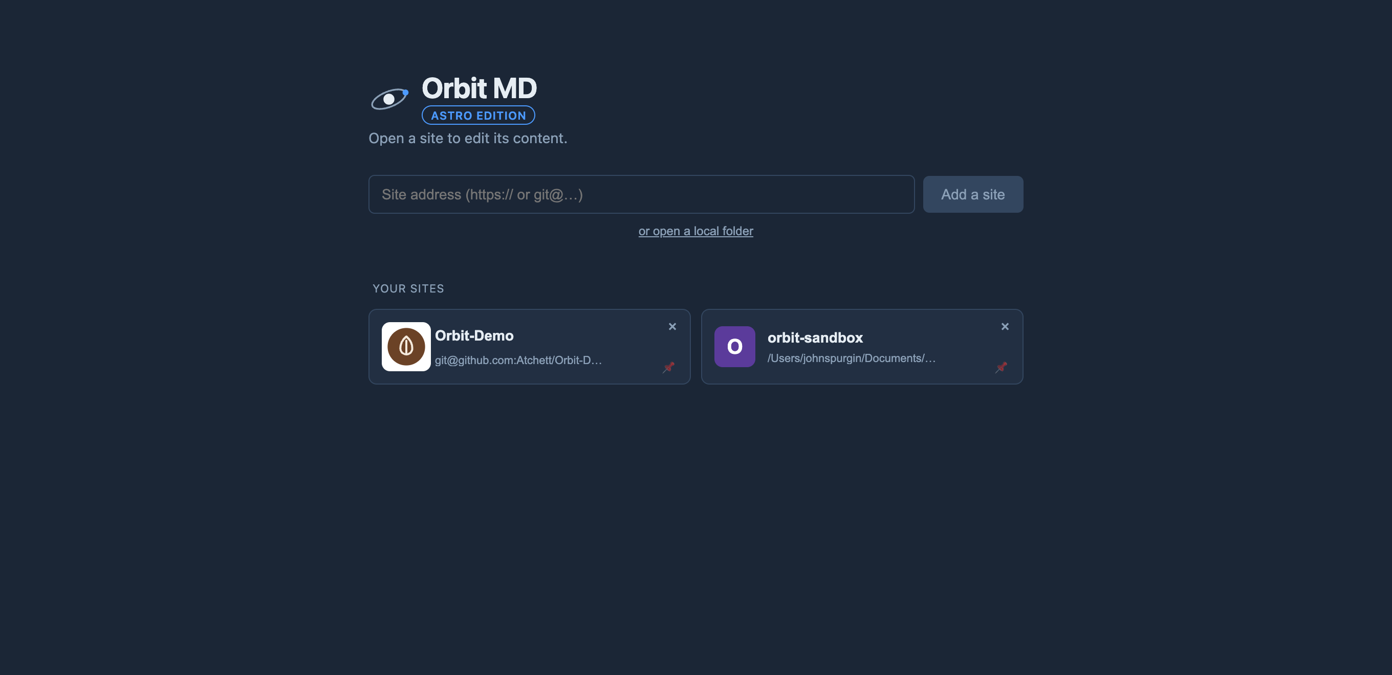 The Orbit MD landing screen — open a site by address or from your recent sites