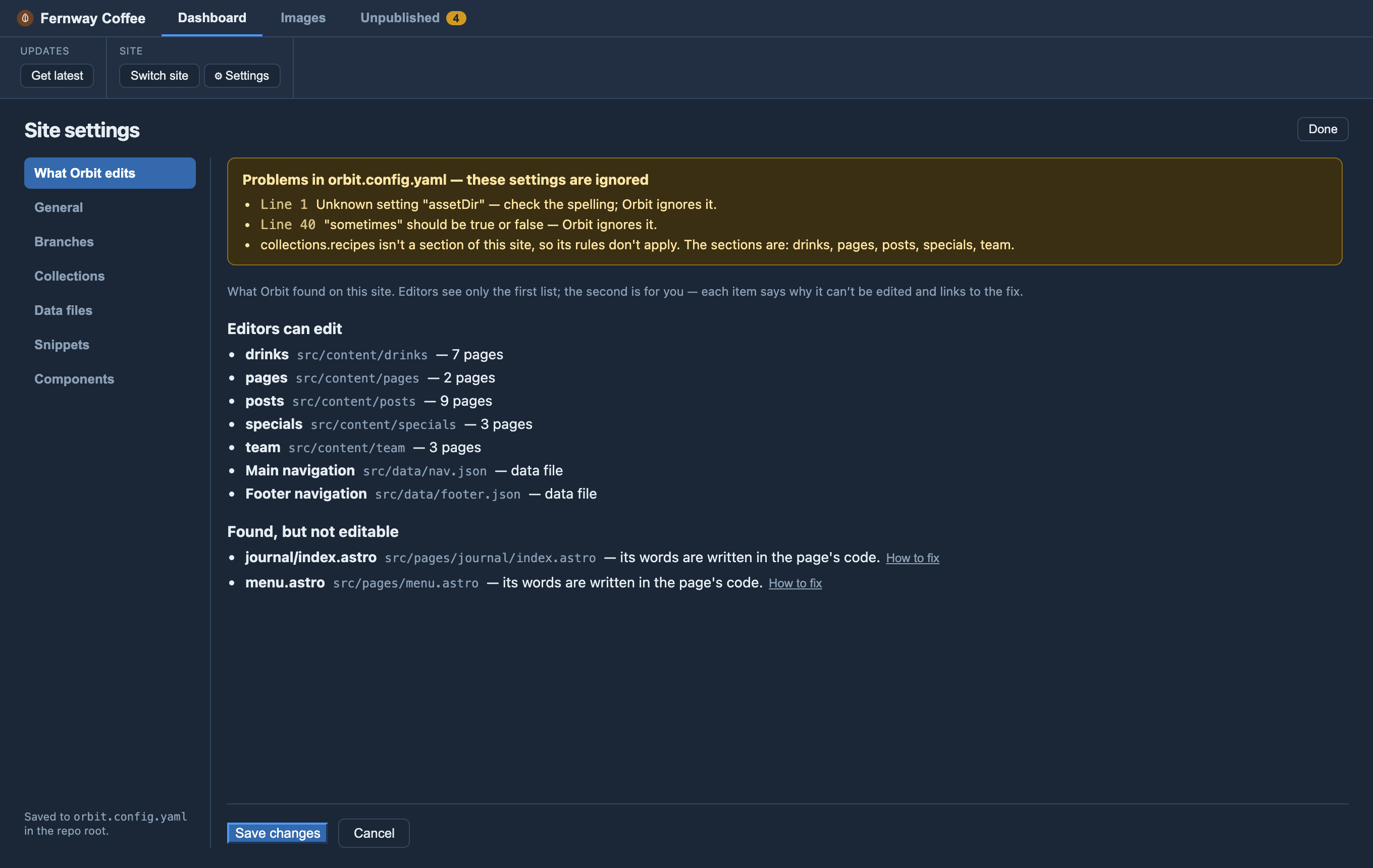 Orbit MD's Site settings with a yellow Problems in orbit.config.yaml panel at the top listing three ignored settings with line numbers: an unknown setting assetDir, sometimes should be true or false, and collections.recipes isn't a section of this site