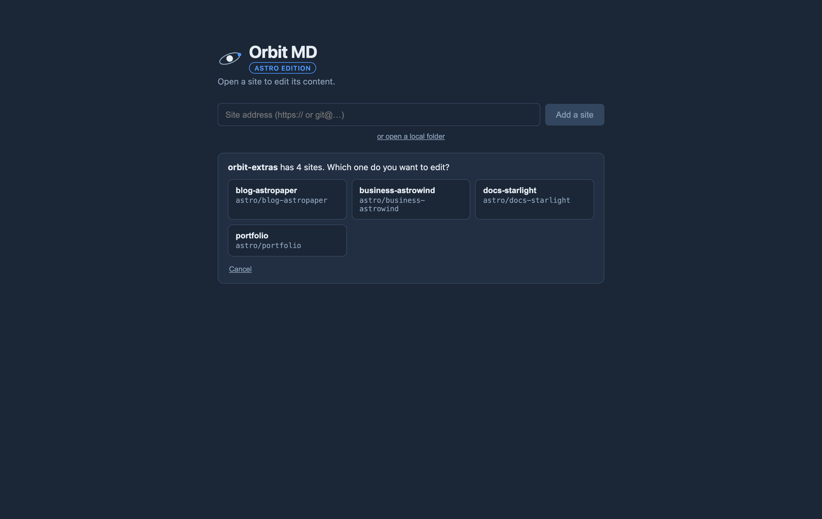 Orbit MD's landing screen asking which site to edit: orbit-extras has 4 sites — blog-astropaper, business-astrowind, docs-starlight and portfolio, each with its folder underneath