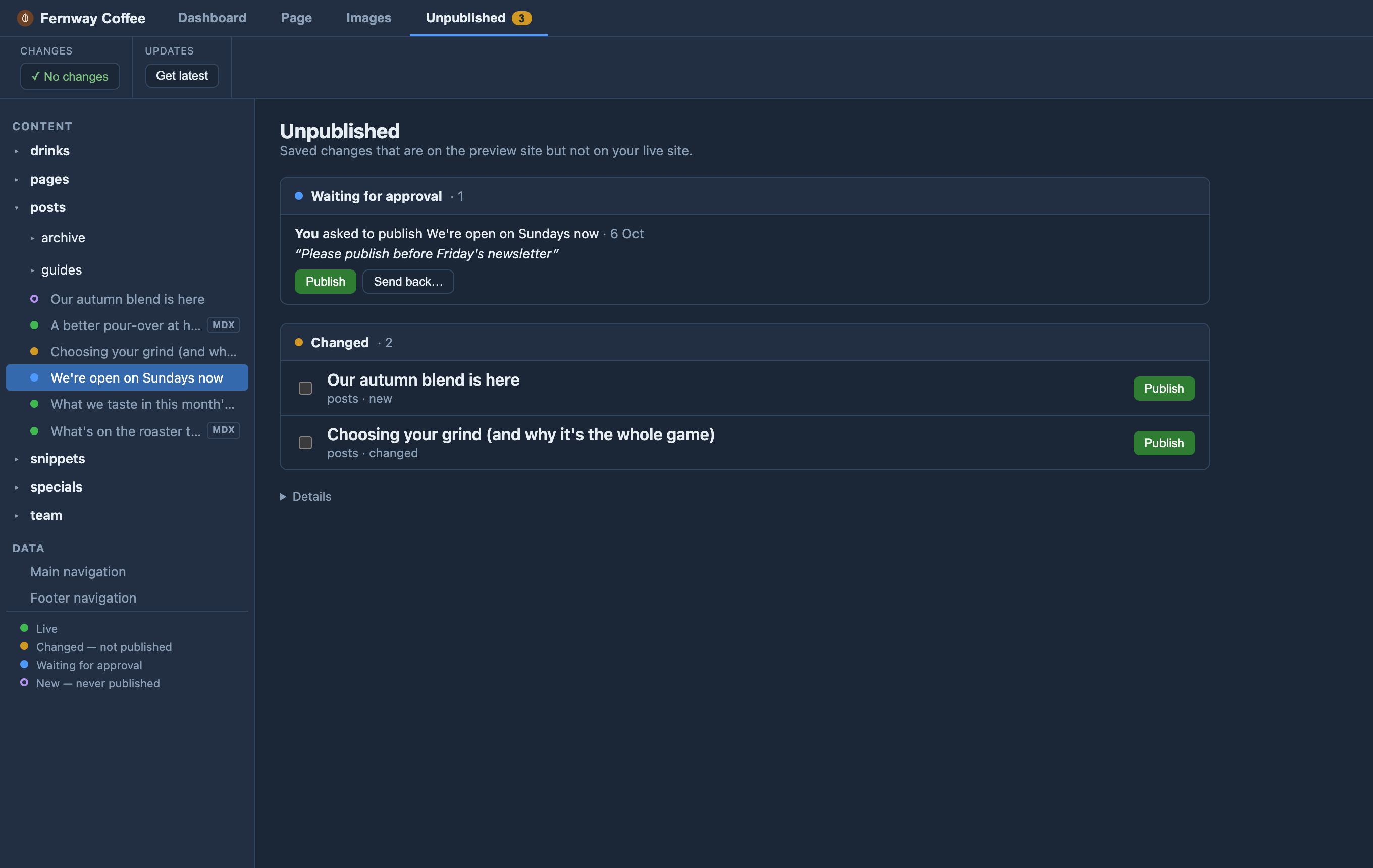 Orbit MD's Unpublished tab: one request Waiting for approval with its note and Publish and Send back buttons, then two Changed pages — a new post and a changed post — each with a tick box and a Publish button
