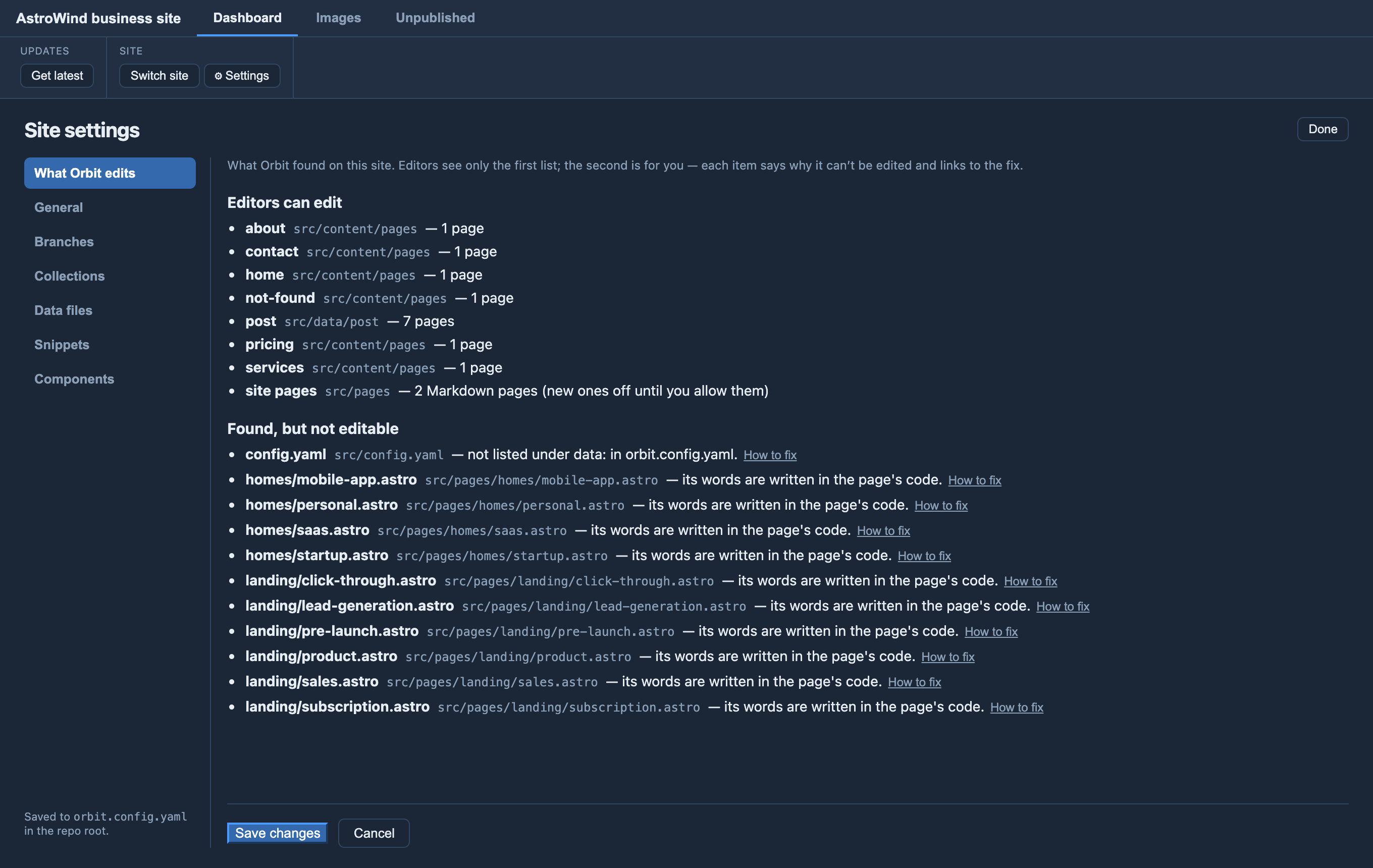 Orbit MD's Site settings, What Orbit edits tab, for the AstroWind business site: Editors can edit lists the about, contact, home, not-found, pricing and services pages, 7 posts in src/data/post and 2 Markdown site pages; Found, but not editable lists src/config.yaml (not listed under data) and the theme's alternative home and landing pages, whose words are written in the page's code, each with a How to fix link
