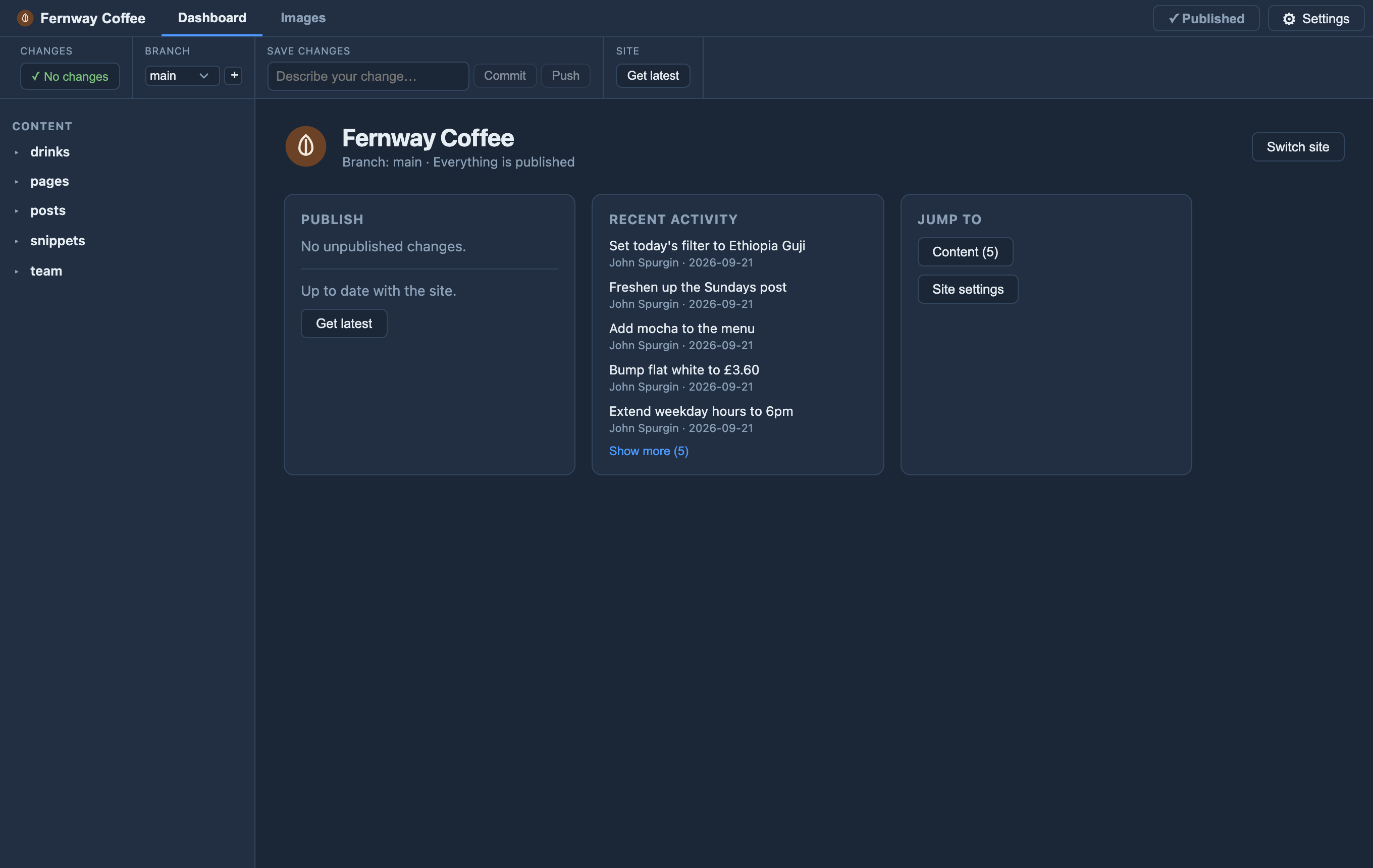 Developer mode — branch controls, settings, the full toolbar