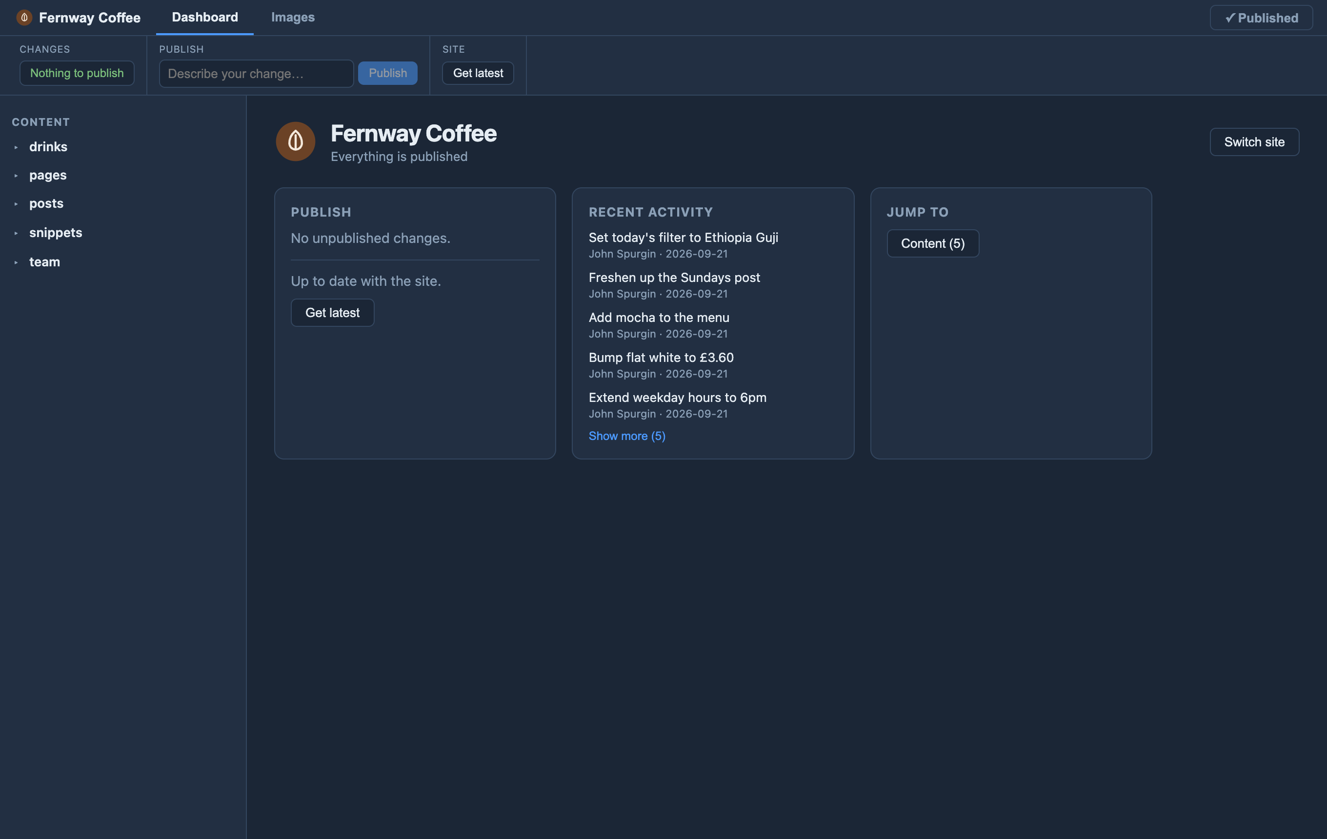Editor mode — a clean surface: just edit and Publish